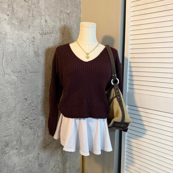 Preppy No Comment Cable Knit Purple V Neck Sweater - Picture 2 of 8